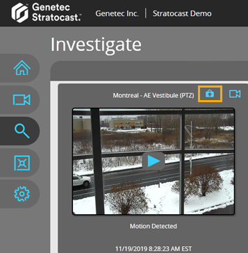 Investigate page in Stratocast™ showing a camera tile and with the export button highlighted.