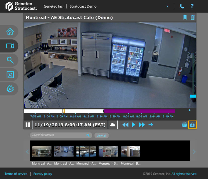 View page in Stratocast™ showing a video timeline with the Export button highlighted.