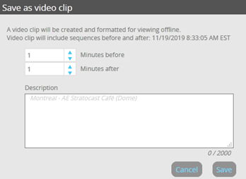 Opslaan als videoclipdialoogvenster in Silverlight-videoplayer van Stratocast™ met een datum- en tijdreferentie en een beschrijvingsveld.