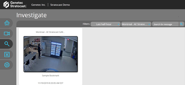 Pagina Onderzoeken in Stratocast™ met een camerategel en een paar filters geselecteerd.