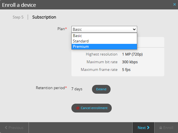 Enroll a device dialog in Stratocast showing the subscription step with a subscription plan setting selected.
