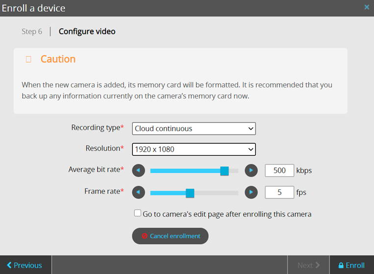 Enroll a device dialog in Stratocast showing the video configuration step including some video settings.