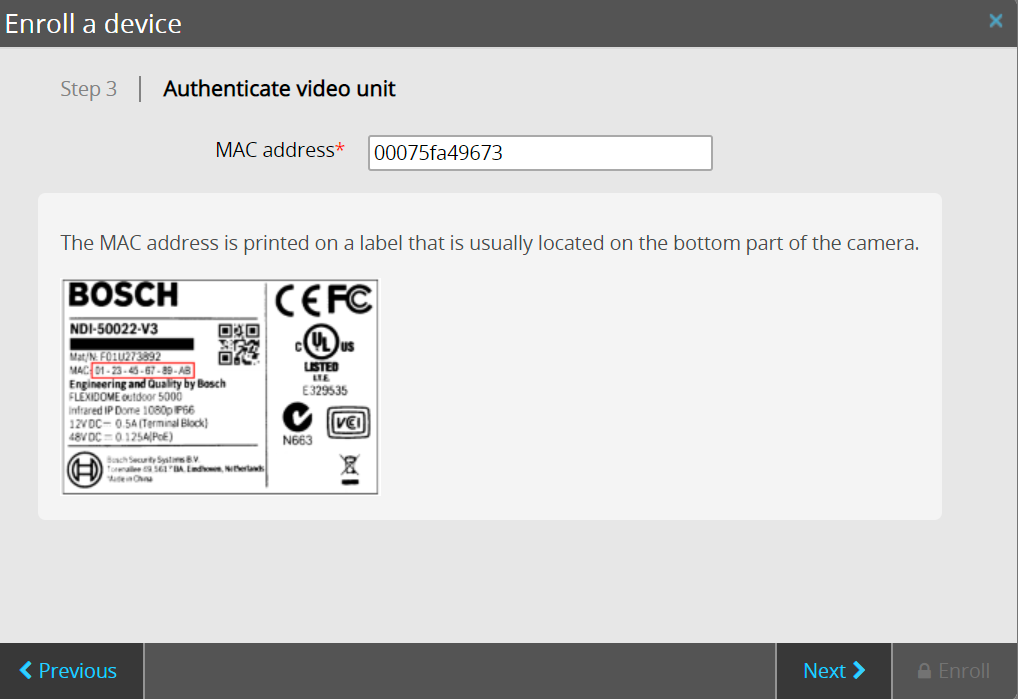 Enroll a device dialog in Stratocast showing video unit authentication step with the MAC address information field completed.