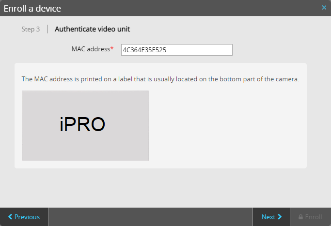 Enroll a device dialog in Stratocast showing video unit authentication step with the MAC address information field completed.