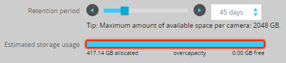 Changing the retention period for Cam1, and how that affects the estimated storage space