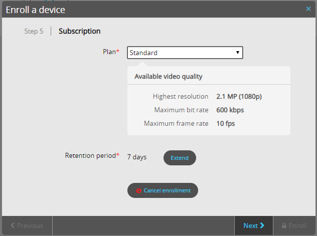 Enroll a device dialog in Stratocast showing the subscription step with a subscription plan setting selected.