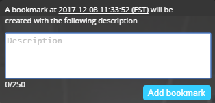 Bookmark dialog box in Stratocast™ HTML5 video player, showing a date and time reference and including a description field.