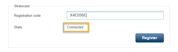 Camera web page registration section with the Connected camera state highlighted.