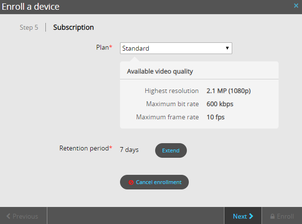 Enroll a device dialog in Stratocast showing the subscription step with a subscription plan setting selected.