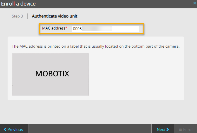 Enroll a device dialog in Stratocast showing video unit authentication step with the MAC address information field completed.