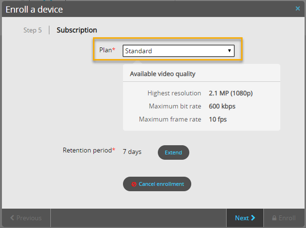 Enroll a device dialog in Stratocast showing the subscription step with a subscription plan setting selected.