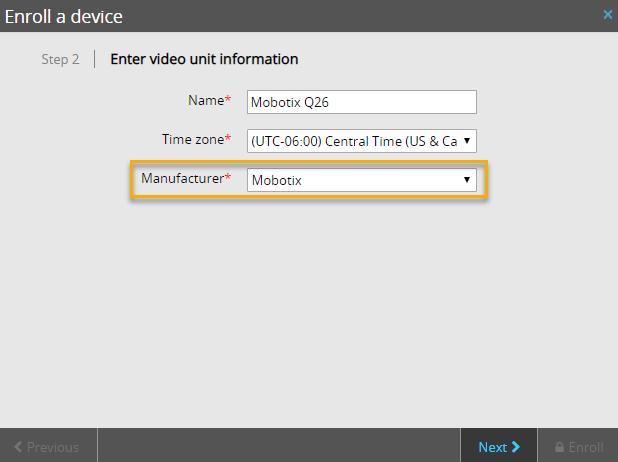 Enroll a device dialog in Stratocast showing video unit information step with Mobotix manufacturer selected.