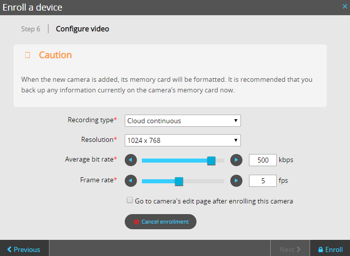 Enroll a device dialog in Stratocast showing the video configuration step including some video settings.