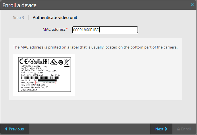 Enroll a device dialog in Stratocast showing video unit authentication step with the MAC address information field completed.