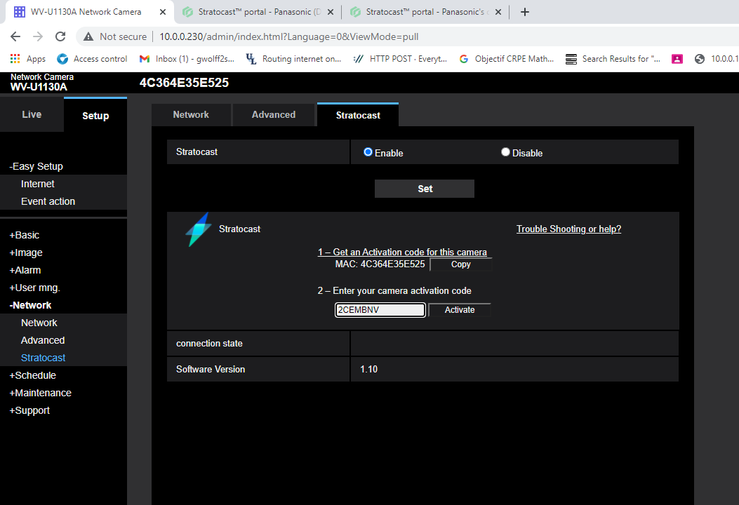 Camera web page showing the Stratocast™ tab in the Network section with a camera activation code specified.