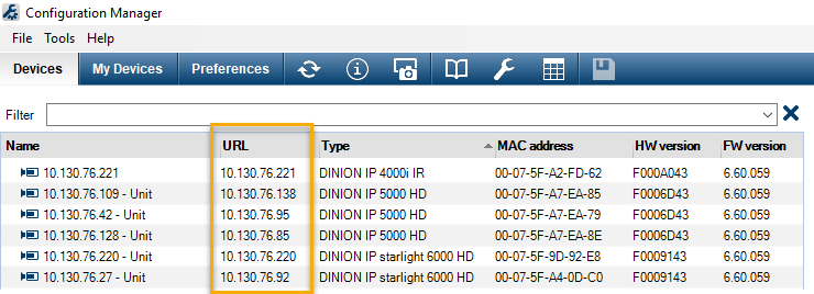 Bosch Configuration Manager tool with camera IP addresses highlighted.