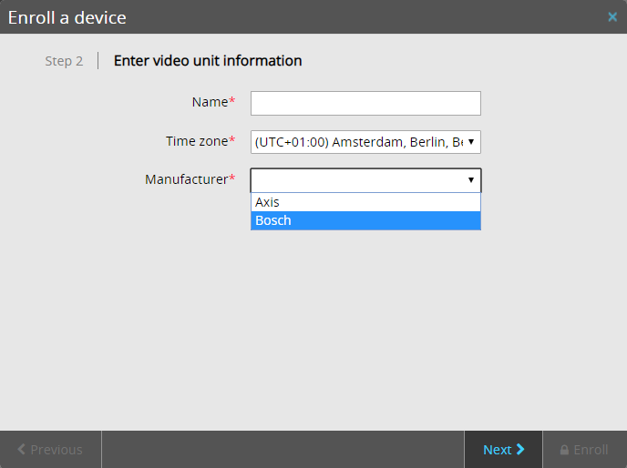 Enroll a device dialog in Stratocast™ showing video unit information step with Bosch manufacturer selected.