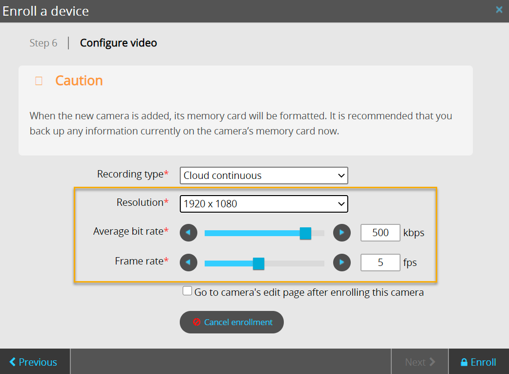 Enroll a device dialog in Stratocast™ showing the video configuration step with some video settings highlighted.