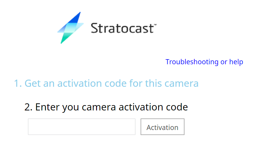 Camera web page showing the Stratocast™ CloudManagement section including the camera activation code enrollment page.