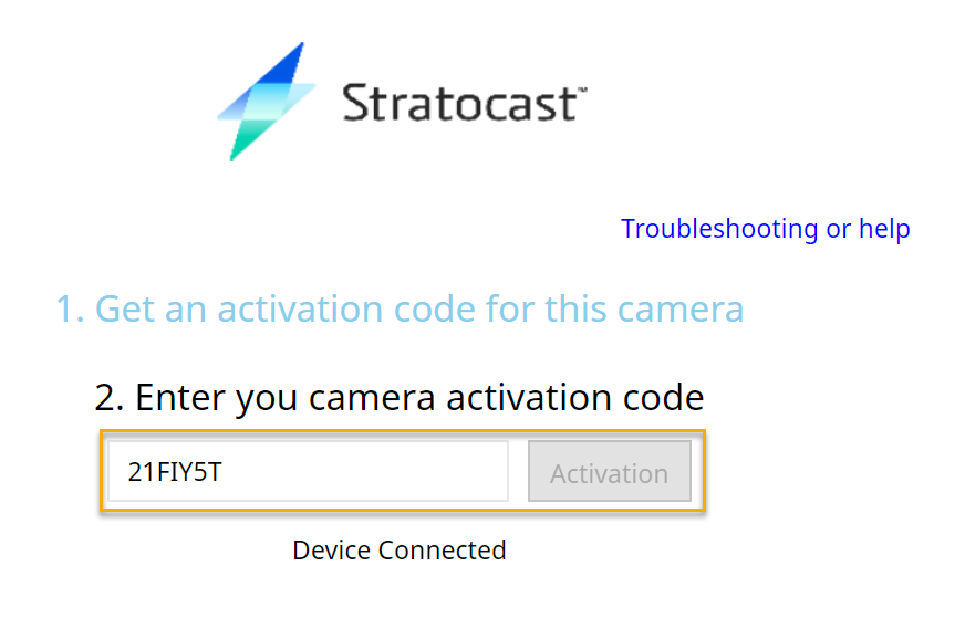 Camera web page showing the Stratocast™ CloudManagement section including the camera activation code enrollment page with an activation code highlighted.