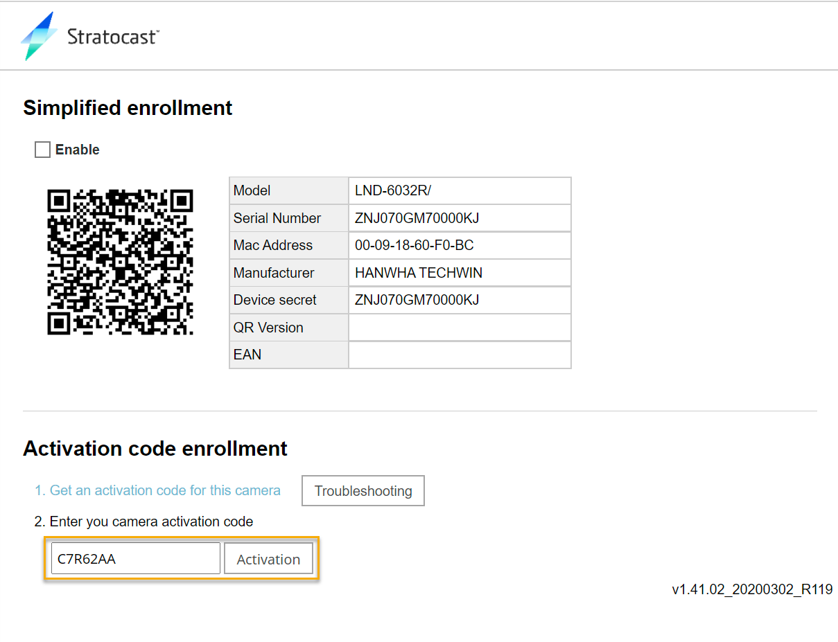 Camera web page showing the Stratocast™ Simplified enrollment section with a camera activation code specified.