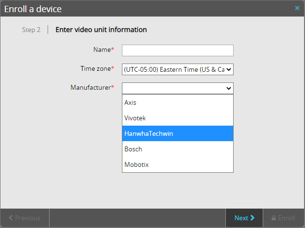Enroll a device dialog in Stratocast™ showing video unit information step with HanwhaTechwin manufacturer selected.
