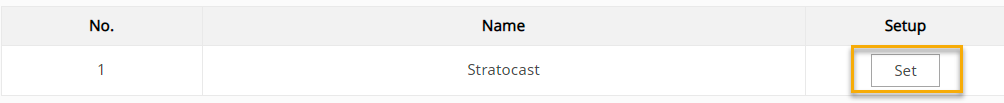 Stratocast package in the CloudManagement section of the camera configuration web page with the Set button highlighted.