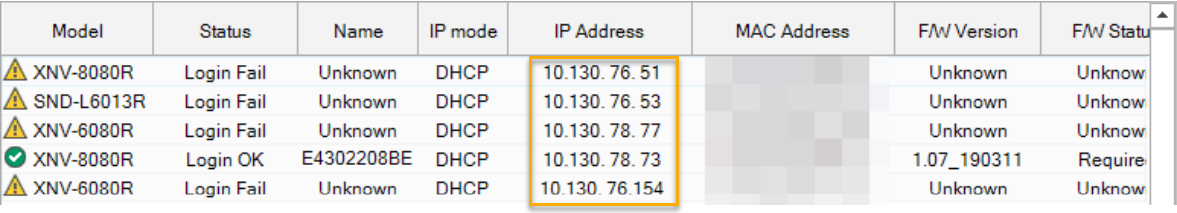 Wisenet Device Manager tool for Hanwha Techwin cameras with camera IP addresses highlighted.