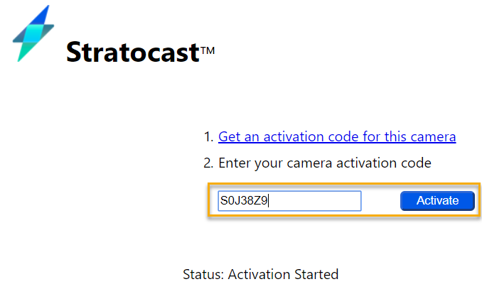 Camera web page showing the Stratocast™ enrollment page with an activation code highlighted.