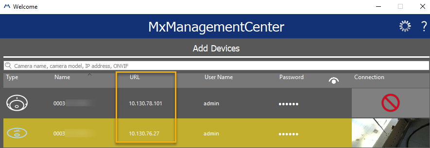Mobotix MXManagementCenter tool with camera IP addresses highlighted.
