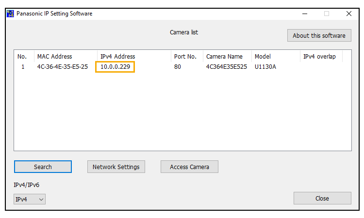 Panasonic easy setup tool with a camera IP address highlighted.
