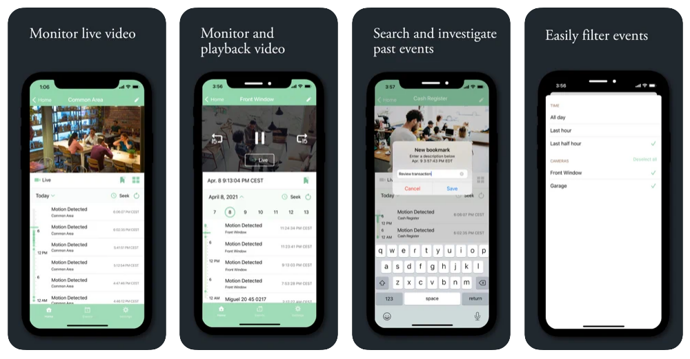 La nueva mobile app de Stratocast™ mostrando las diferentes funciones, que incluyen monitoreo de video en vivo, monitoreo y reproducción de video, eventos de búsqueda y filtrado de eventos.