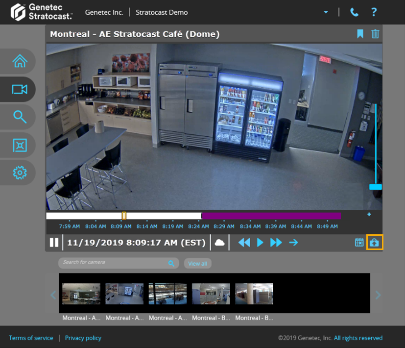 Weergeven van een pagina in Stratocast™ met een videotijdlijn en de knop Exporteren gemarkeerd.